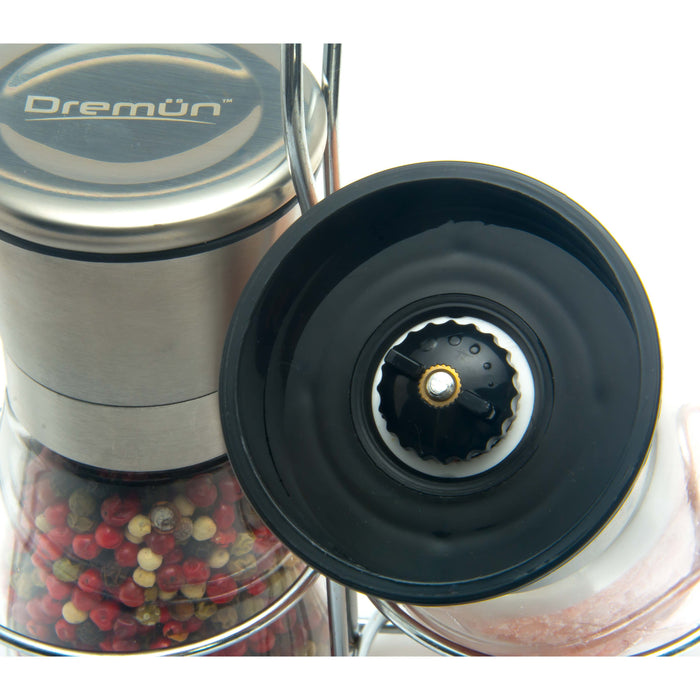 Premium Salt and Pepper Grinder Set with Table Stand, Brushed Stainless Steel, Adjustable Coarseness, Easy to Fill-Dremun-PriceWhack.com