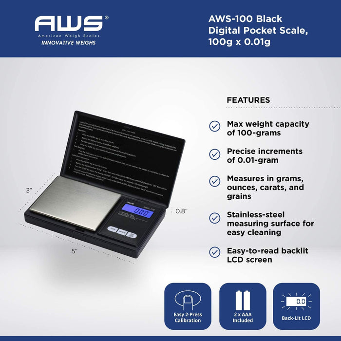 AWS Series Digital Pocket Weight Scale 100g x 0.01g, (Black)-American Weigh Scales-PriceWhack.com