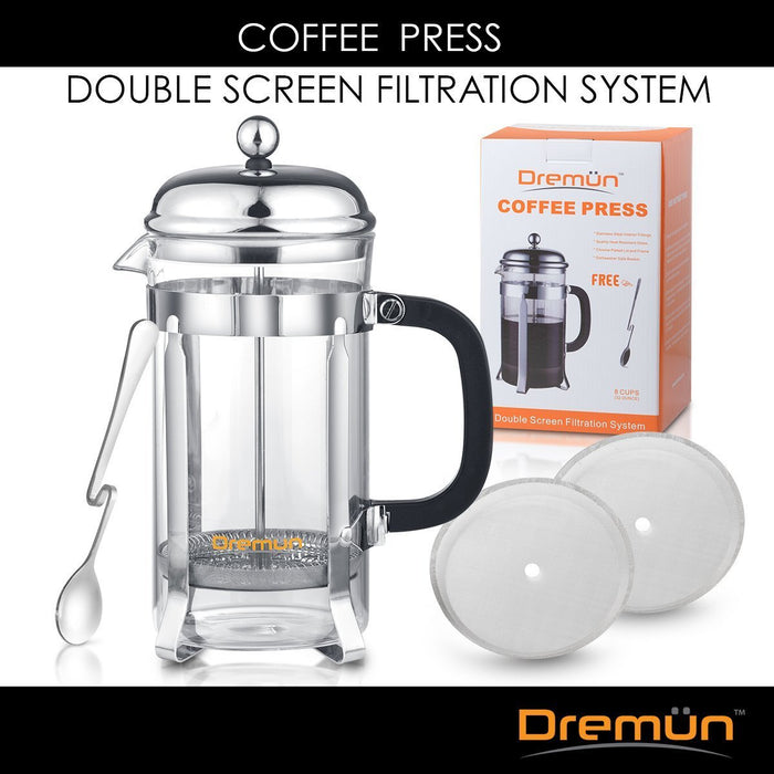 French Coffee Press 8 Cup (32 Oz), Double Filtration, Bonus Spoon and Filters - Chrome-Dremun-PriceWhack.com
