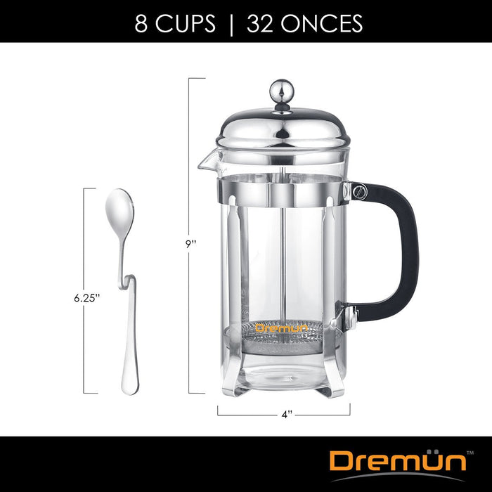French Coffee Press 8 Cup (32 Oz), Double Filtration, Bonus Spoon and Filters - Chrome-Dremun-PriceWhack.com