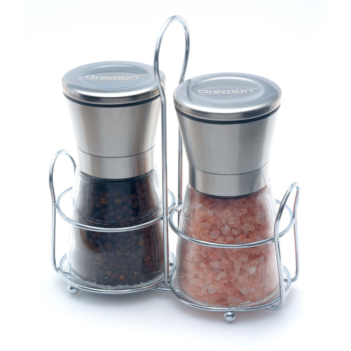 Premium Salt and Pepper Grinder Set with Table Stand, Brushed Stainless Steel, Adjustable Coarseness, Easy to Fill-Dremun-PriceWhack.com